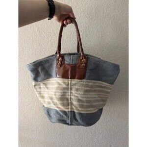 Hallmark Tote Bag Gray Cream Beige Faux Leather Handle Striped  Debbie Macomber